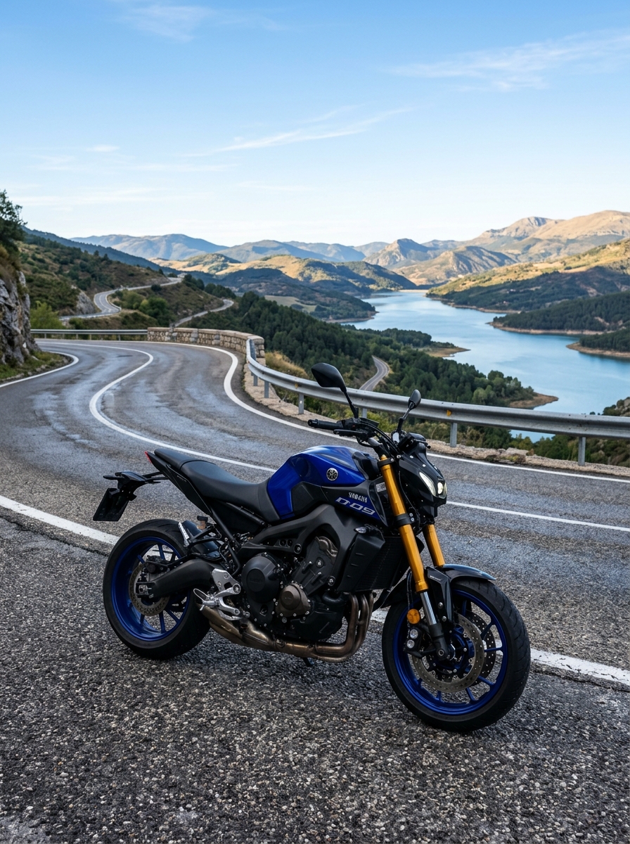 Blue sports motorcycle on scenic winding mountain road